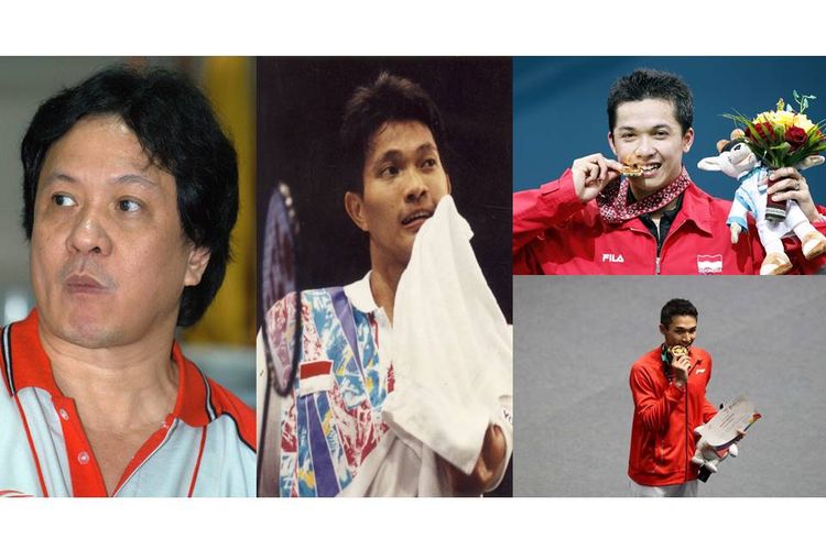Pemain tunggal putra Indonesia yang pernah meraih emas di Asian Games. Dari kiri ke kanan: Lim Swie King,  Haryanto Arbi, Taufik HIdayat, dan Jonatan Christie.