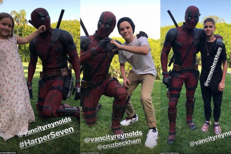 Tiga anak David Beckham, Harper, Cruz, dan Romeo berpose dengan Ryan Reynolds, aktor pemeran Deadpool, Jumat (11/5/2018).
