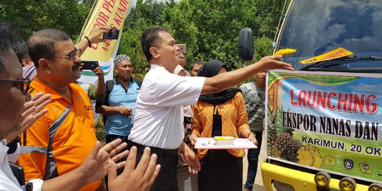 Direktur Jenderal Hortikultura, Suwandi saat launching perdana ekspor nanas dan pisang Mas di Pulau Kundur, Kabupaten Karimun, Sabtu (20/10/2018).