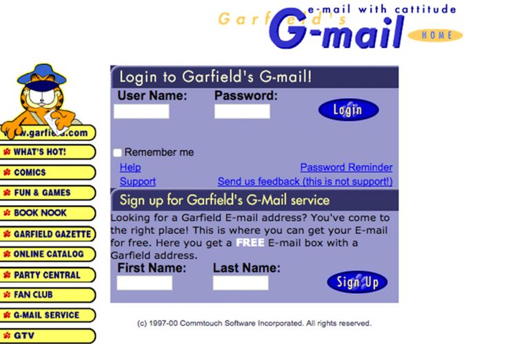 Screenshot layanan G-mail besutan Paws Inc tahun 1998, dari Internet Archive.