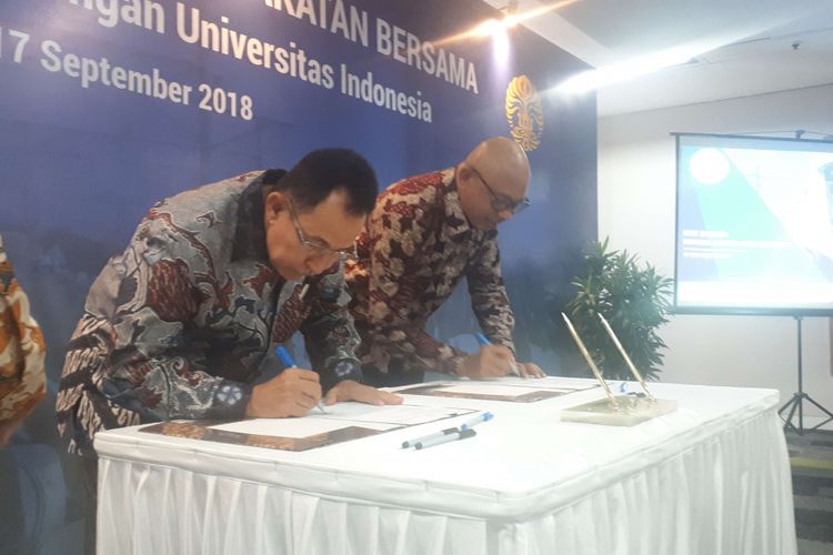 Penandatangan nota kesepakatan kerja sama antara Universitas Indonesia dengan PT MRT Jakarta di Wisma Nusantara, Jakarta Pusat, Senin (17/9/2018).