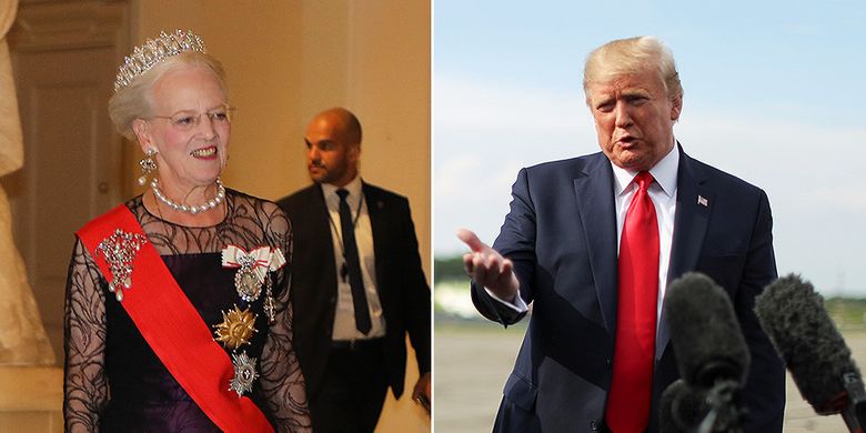 Gambar kiri adalah Ratu Denmark Margrethe II. Kanan merupakan Presiden Amerika Serikat (AS) Donald Trump.