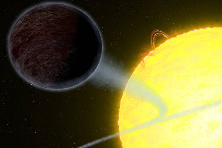 Ilustrasi menunjukkan salah satu exoplanet tergelap, WASP-12b, sedang mengorbit bintang.