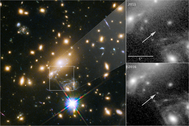 Icarus, yang nama resminya MACS J1149 + 2223 Lensed Star 1 (LS 1), adalah bintang individu terjauh yang pernah dilihat. Ini terlihat karena diperbesar oleh lensa gravitasi dari gugus galaksi besar. Kolom di sebelah kanan menunjukkan tampilan pada tahun 2011 di mana Icarus tidak terlihat dibandingkan dengan bintang yang bersinar pada 2016.