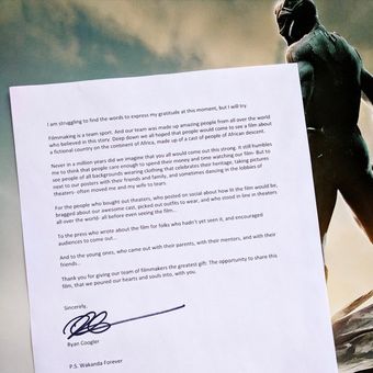 Sutradara film Black Panther, Ryan Coogler, menulis surat terbuka yang ditujukan kepada semua pihak yang membuat film tersebut sukses.