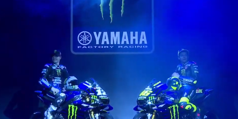 Peluncuran motor balap baru tim pabrikan Yamaha untuk MotoGP 2019 di Jakarta, Senin (4/2/2019). Menggandeng sponsor baru, mulai musim 2019 Yamaha akan menggunakan nama resmi Monster Energy Yamaha MotoGP Team.