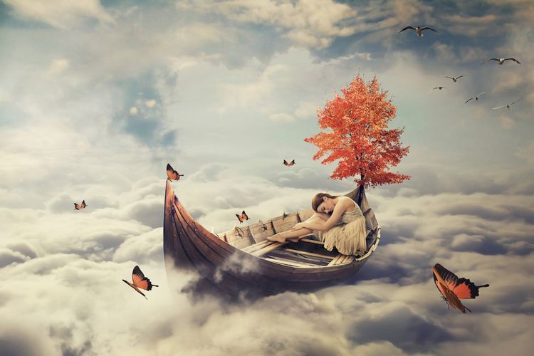 Young lonely beautiful woman drifting on a boat above clouds. Dreamy screensaver with skyline background