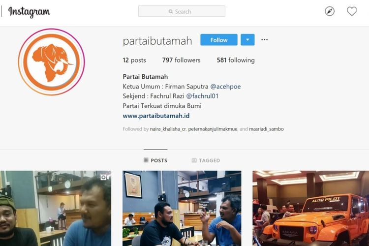 Akun media sosial Partai Butamah, Rabu (3/4/2019)