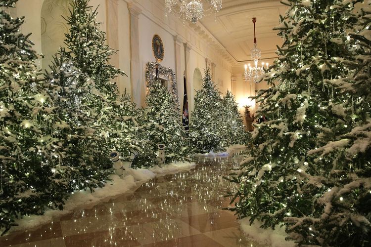 The Cross Hall di Gedung Putih dalam sebuah preview pers dari dekorasi liburan 2017 pada 27 November 2017 di Washington, DC.