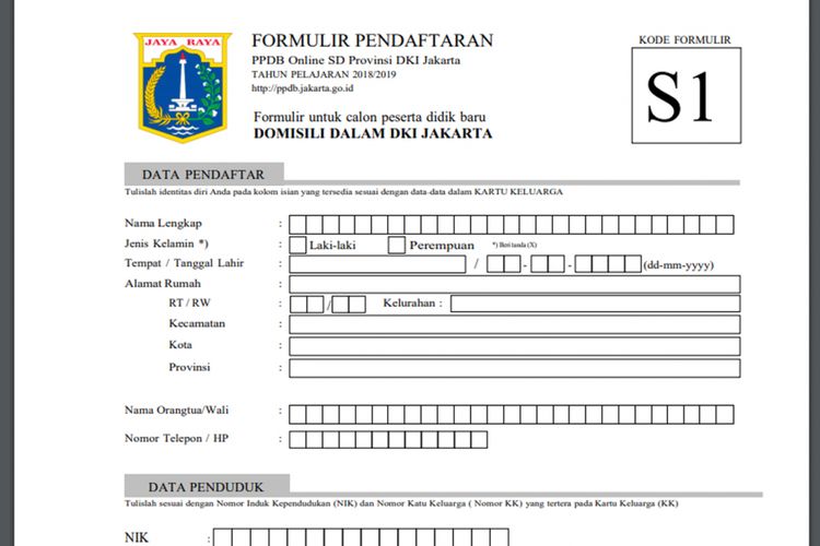 Formulir S1 untuk PPDB DKI Jakarta Jenjang SD