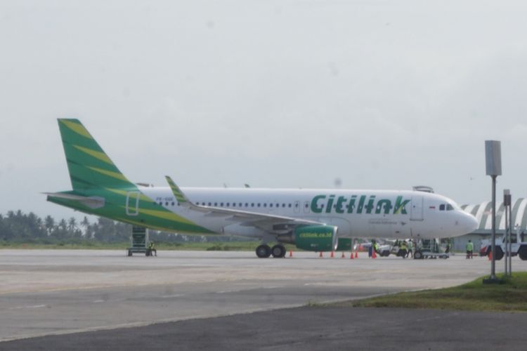 Pesawat Citilink yang melakukan penerbangan internasional perdana dari Banyuwangi, Jawa Timur menuju Kuala Lumpur, Malaysia, Rabu (19/12/2018).