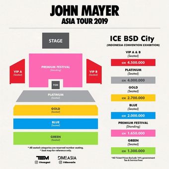 Seat plan dan kategori tiket konser penyanyi solo asal Amerika Serikat, John Mayer, di Indonesia pada 5 April 2019.