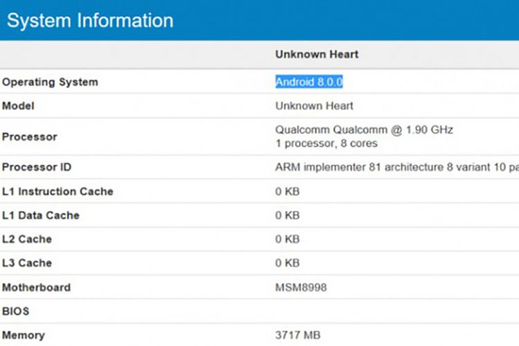 Bocoran screenshot benchmark Geekbench yang diduga memperlihatkan sistem operasi Android O di Nokia 8.