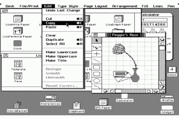 Screenshot antarmuka grafis sistem operasi Apple Lisa.