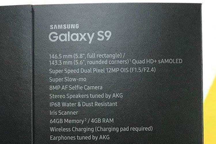 Bocoran foto kemasan Galaxy S9 yang memperlihatkan spesifikasi dan fitur perangkat tersebut.