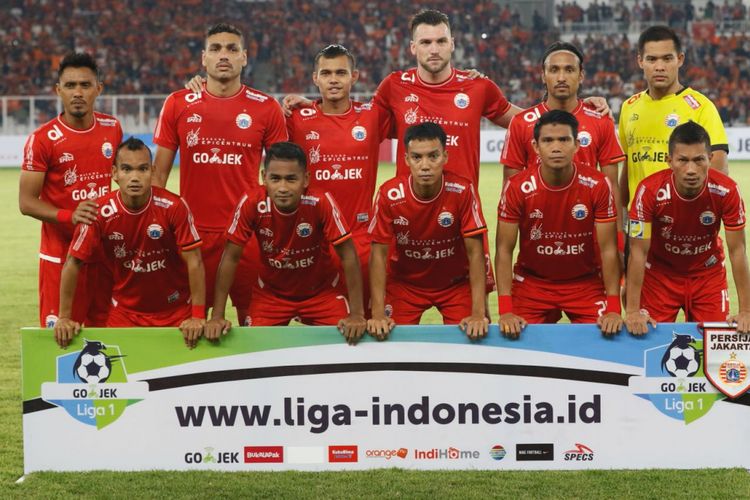 Skuad Persija Jakarta pada pertandingan Liga 1 kontra Borneo FC di Stadion Utama Gelora Bung Karno, Sabtu (14/4/2018). 