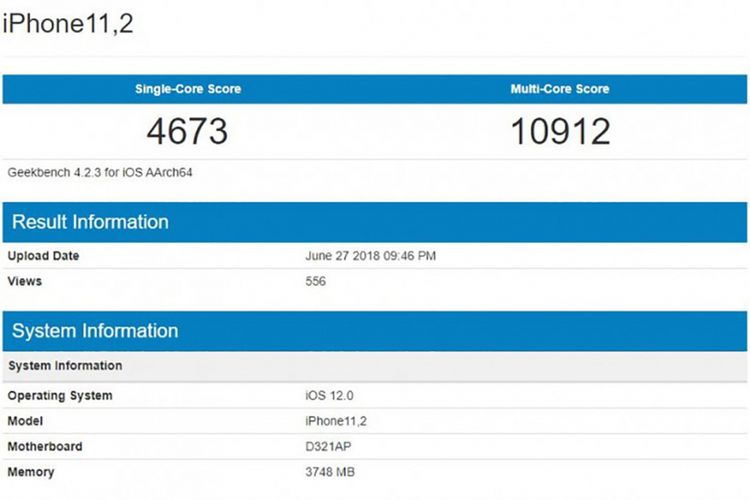 Bocoran benchmark Geekbench yang disinyalir memperlihatkan spesifikasi iPhone X.