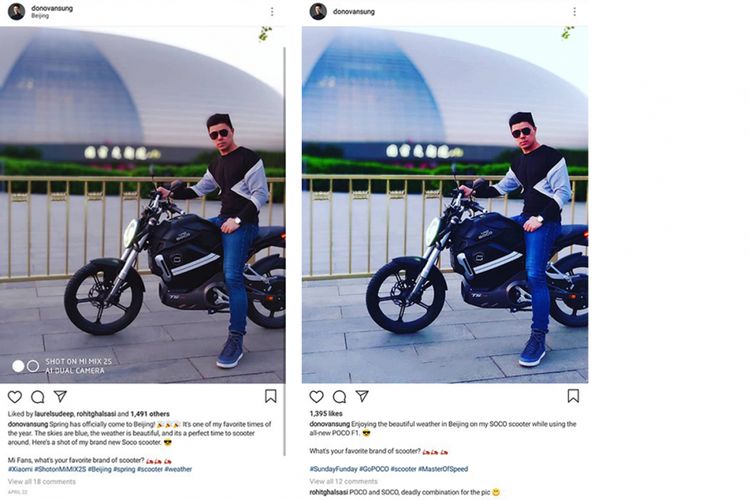Foto yang diklaim hasil jepretan Pocophone di akun Instagram Donovan Sung (kanan) dan foto sebelumnya yang diketahui berasal dari Mi Mix 2S.