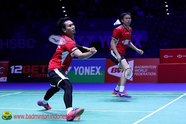 Hendra Setiawan/Muhammad Ahsan tampil pada semifinal All England 2019, 9 Maret 2019.