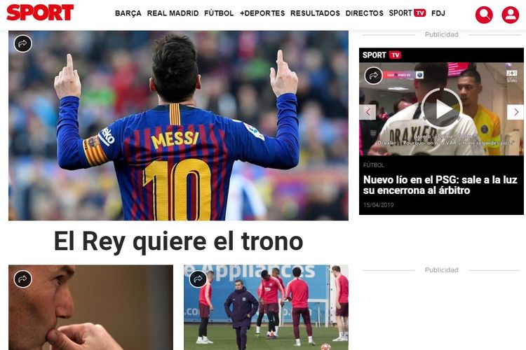 Headline situs olahraga asal Catalonia, SPORT, dengan caption Sang Raja Menginginkan Takhta