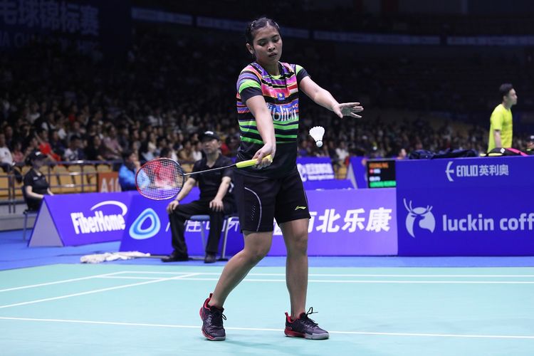 Pebulu tangkis tunggal putri Indonesia, Gregoria Mariska Tunjung, saat tampil pada laga babak kedua Kejuaraan Asia 2019 melawan Chen Yufei (China), di Wuhan Sports Center, China, Kamis (25/4/2019).