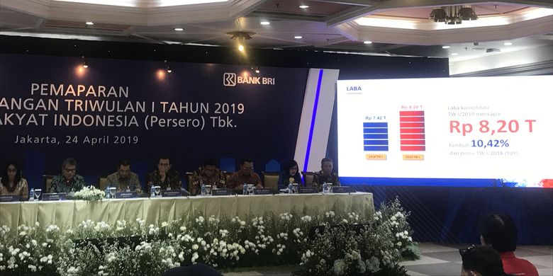 Jajaran direksi Bank BRI memaparkan kinerja dan laba BRI Kuartal I 2019, di Kantor Pusat BRI, Rabu (24/4/2019)