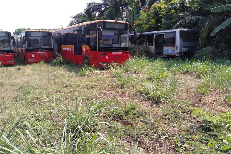 Puluhan bus Transjakarta tidak terpakai di Perum Pengangkutan Penumpang Djakarta (PPD) Ciputat, Tangerang Selatan, Banten, Kamis (25/7/2019)