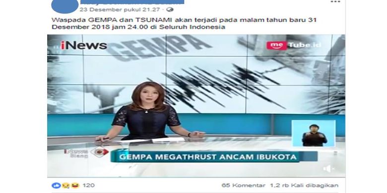 Tangkapan layar berita hoaks yang menyebutkan akan terjadi gempa dan tsunami pada 31 Desember 2018 di seluruh wilayah Indonesia