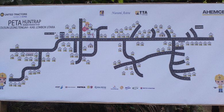 Peta lokasi penyebaran pembangunan 100 hunian transisi menuju permanen (huntrap) dan MCK yang dilakukan PT United Tractors Tbk (UT) di Dusun Leong Tengah, Desa Tegal Maja, Kecamatan Tanjung, Kabupaten Lombok Utara.
