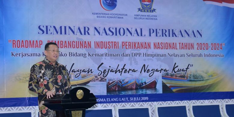 Ketua DPR RI Bambang Soesatyo saat menjadi keynote speaker Seminar Nasional Road Map Pembangunan Perikanan Nasional 2020-2024, di Jakarta, Rabu (31/07/19).