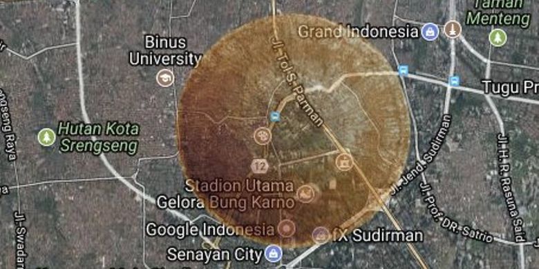 Hasil simulasi dimensi kawah produk tumbukan bila asteroid A/2017 U1 jatuh di Jakarta (titik Gedung DPR-MPR) pada kecepatan awal 60 km/detik. Diameter asteroid 400 meter bisa membuat kawah dengan lebar 3,7 kilometer dan kedalaman 440 meter. Energi tumbukan mencapai 18.100 megaton TNT. 