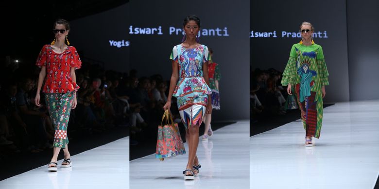 Koleksi busana dengan motif karakter Si Nyonyah yang digambar oleh Yogiswari Pradjanti di tampilkan di Jakarta Fashion Week 2017.
