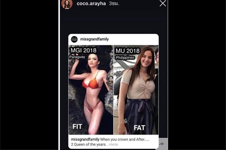 Tangkap layar Instagram story Miss Grand Nakhon Phamom 2019, Coco Arayha Saparurk yang mengatakan Miss Universe 2018 Catriona Gray gemuk.