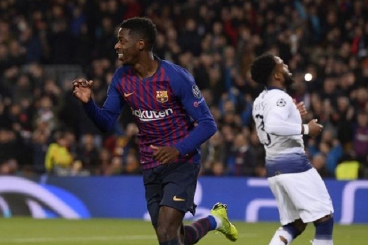 Ousmane Dembele merayakan gol pada laga Barcelona vs Tottenham Hotspur dalam lanjutan Liga Champions di Stadion Camp Nou, 11 Desember 2018. 