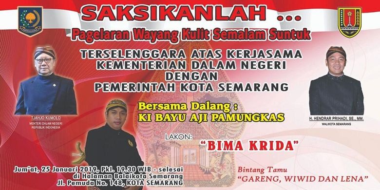 Pemkot Semarang dan Kemendagri mengadakan pagelaran wayang kulit gratis, Jumat (25/1/2019), di halaman Balai Kota Semarang. 
