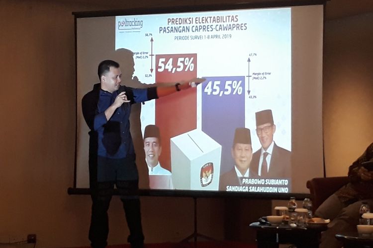 Rilis hasil survei Poltracking di kawasan Jakarta Pusat, Sabtu (13/4/2019).