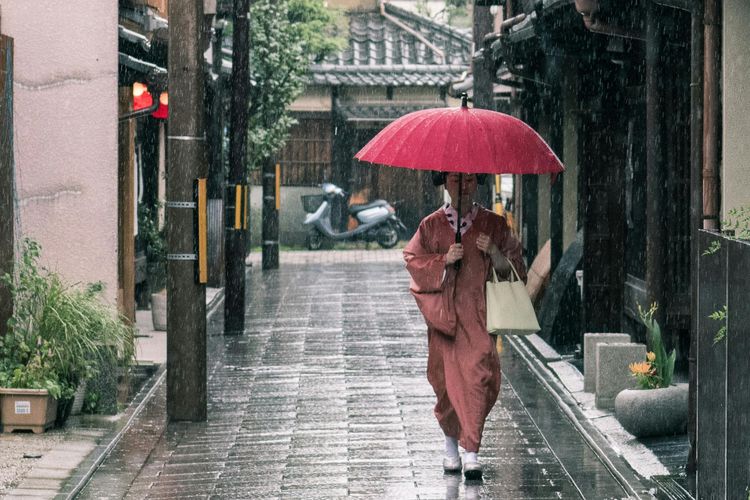 Seorang perempuan yang mengenakan pakaian tradisional Jepang sedang menggunakan payung.