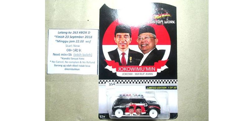 Hotwheels jenis Morris Mini, bergambar Jokowo-Maruf Amin ini dilelang dengan harga mulai Rp 140.000.