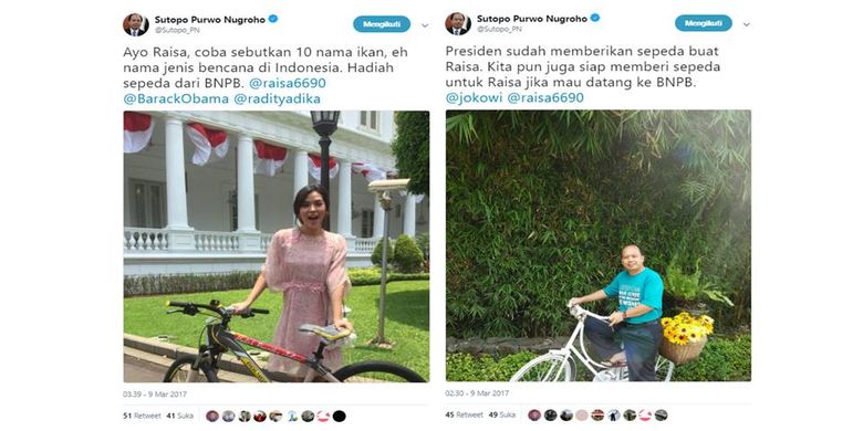 Twit Sutopo menyebut akun Twitter Raisa, 9 Maret 2017