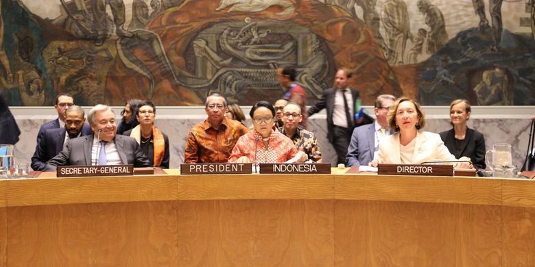 Menteri Luar Negeri RI, Retno L.P. Marsudi saat memimpin Sidang Terbuka Dewan Keamanan PBB mengenai Perlindungan Warga Sipil dalam Konflik Bersenjata (Protection of Civilians in Armed Conflict) di Markas Besar PBB, New York, AS, Kamis (23/05/2019)