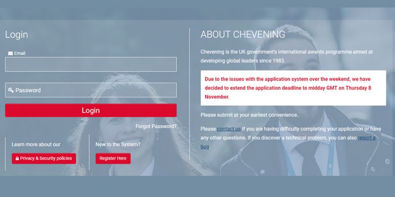 Pendaftaran Beasiswa Chevening program S2 tahun ajaran 2019/2020 diperpanjang dari tanggal 6 November 2018 menjadi tanggal 8 November 2018.