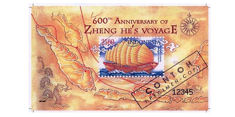 Carik Kenangan (souvenir sheet) prangko 600th Anniversary of Admiral Zheng Fe yang diterbitkan oleh Indonesia. Gambar ini untuk iilustrasi tulisan file 0706wgt1 berjudul Prangko peringatan 600 tahun pelayaran Cheng Ho.