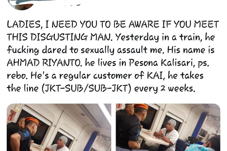 Seorang penumpang wanita mengalami pelecehan seksual dalam perjalanan kereta api jurusan Jakarta-Surabaya pada Senin (22/4/2019). Peristiwa tersebut diceritakan penumpang tersebut melalui akun twitter pribadinya @xr**by.