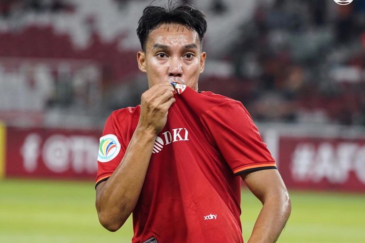 Gelandang Novri Setiawan usai mencetak gol pada laga Persija Vs Shan United, di Stadion Utama Gelora Bung Karno, Senayan, Jakarta, Rabu (15/5/2019).