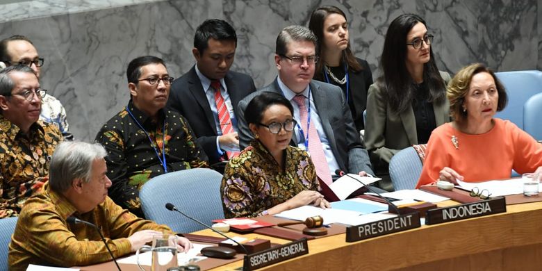 Menlu RI Retno Marsudi memimpin debat terbuka Dewan Keamanan PBB DK PBB dengan tema ?Menabur Benih Perdamaian: Meningkatkan Keselamatan dan Kinerja Misi Pemeliharaan Perdamaian (MPP) PBB? di Markas PBB di New York, Rabu (7/5/19)