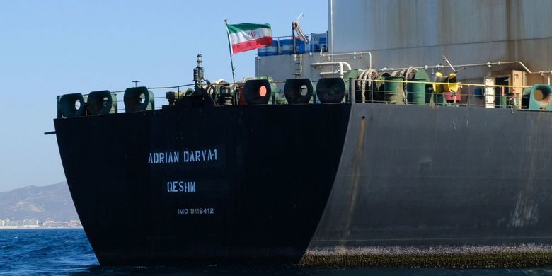 Kapal Adrian Darya-1 (dulunya Grace-1). Kapal tanker yang dipunyai Iran. Saat ini kapal itu diduga menuju Suriah setelah mematikan alat pelacaknya Senin (2/9/2019).