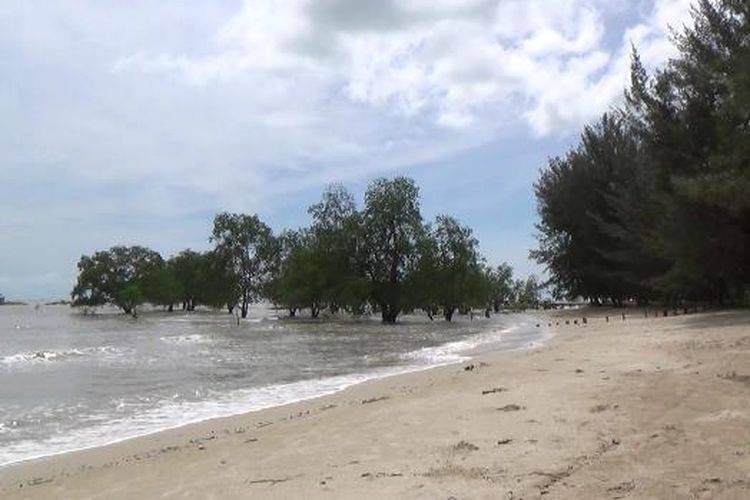 Pantai Tapak Hantu di Bangka Tengah, Kepulauan Bangka Belitung dengan pasir putih dan hutan bakau.