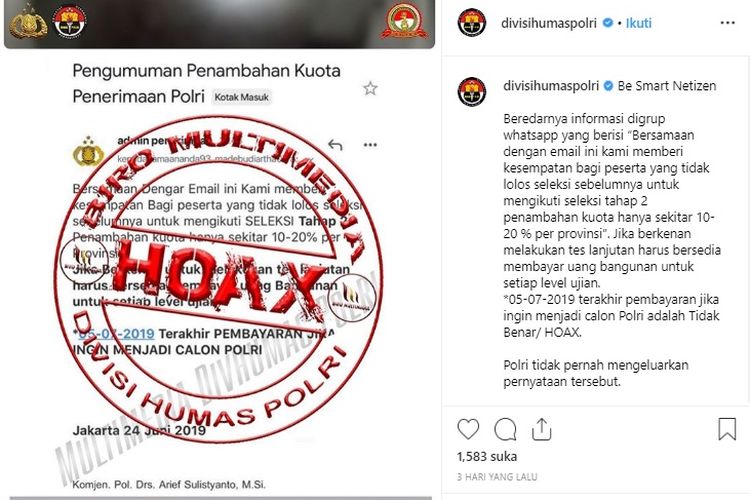Hoaks, pesan berisi penerimaan anggota Polri berbayar beredar di WhatsApp pada Jumat (5/7/2019).