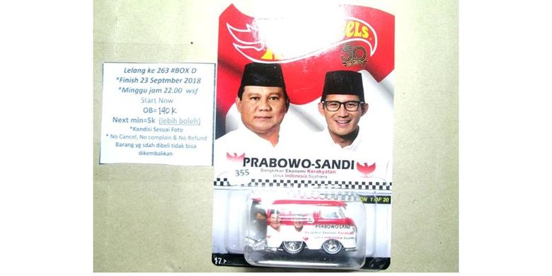 Mobil Hotwheels jenis Volkswagen Kool Combi, bergambar Prabowo-Sandiaga ini dilelang dengan harga mulai Rp 140.000.