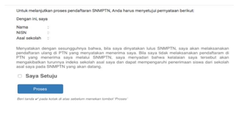 Halaman persetujuan pernyataan pendaftaran SNMPTN